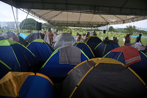 salvador, bahia, brazil - april 26, 2022: camping tent used by indians of various ethnicities in Bahia during a congress in the city of Salvador.