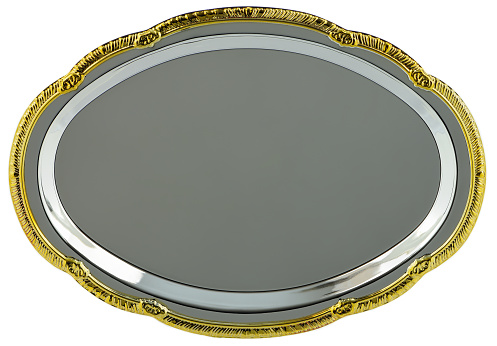 A blank silver award platter with gold trim.  Typically engraved with award accomplishments.