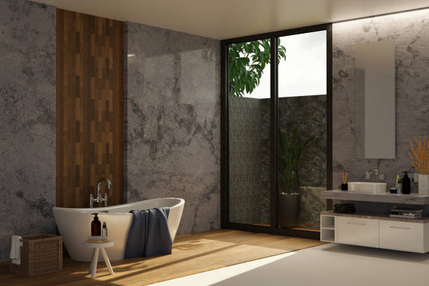 istock Modern urban loft bathroom interior design with bathtub, dark marble wall. 1393912452