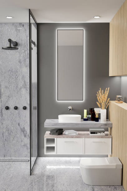 istock Modern contemporary bathroom interior design with modern bathroom washbasin 1393912462