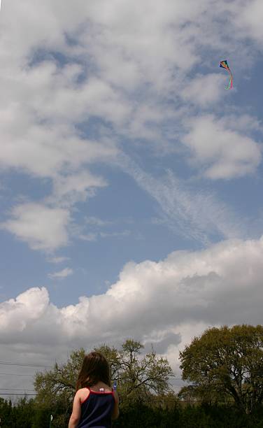 istock Girl flying kite (high, with clouds) 139391334