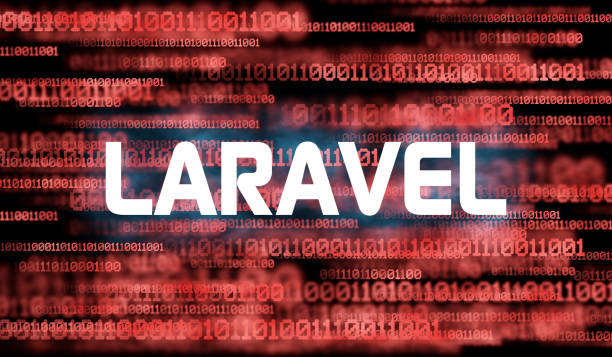 Word Laravel and abstract cyberspace with binary code on dark background . Laravel PHP Framework programming language. Laravel stock illustrations