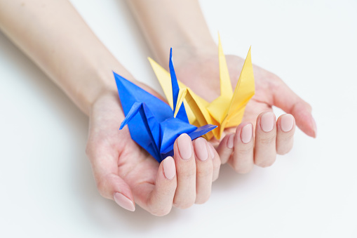 A woman holding two paper cranes, blue and yellow