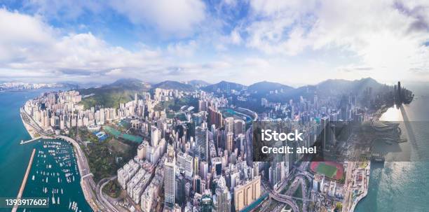 Amazing Aerial Panorama Of The Causeway Bay And Wan Chai District Of Hong Kong Stock Photo - Download Image Now