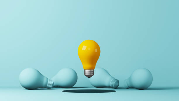 istock Light bulb yellow floating outstanding among lightbulb light blue on background. Concept of creative idea and innovation, Unique, Think different, Individual and standing out from the crowd. 3d illustration 1393917695