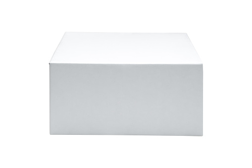 Blank gift box isolated on white background. Empty cardboard. Blank mock up with cut out.