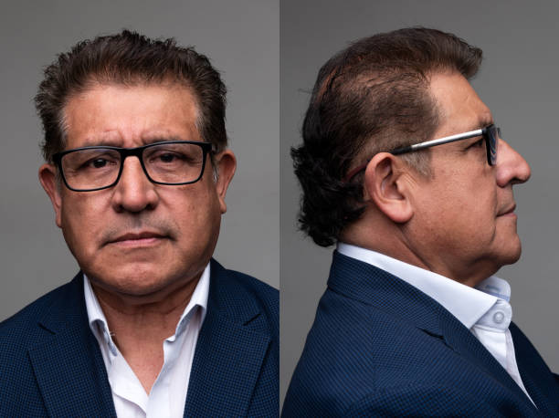 istock Hispanic senior man front and profile mugshots 1393926241