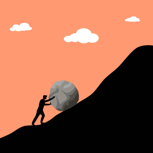 istock A man pushing and rolling a big stone up to the mountain in flat design. Hard work challenge concept vector illustration. 1393926274