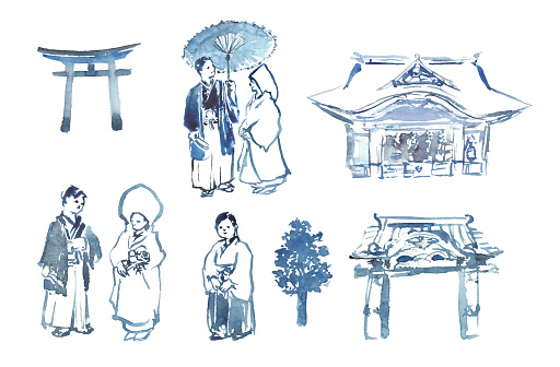 Illustration set of shrine wedding ceremony drawn with ink