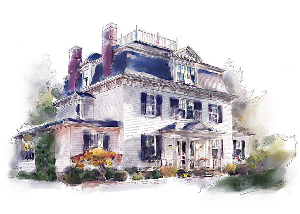 Victorian home Watercolor illustration of a Victorian home victorian house stock illustrations
