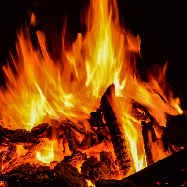 istock Fire flames on black background, Blaze fire flame texture background, Beautifully, the fire is burning, Fire flames with wood and cow dung bonfire 1393929253