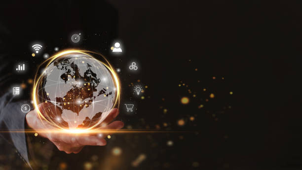istock Hand of businessman with global internet connection application technology and digital marketing, Financial and banking, Digital link tech, big data. business concept 1393931106