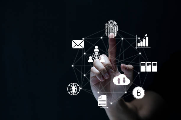 istock Person touching virtual screen to scan fingerprints, digital transformation management concept. Internet of Things, Big Data and Business Processes, Automation, Storage Systems, Cloud Computing 1393932855