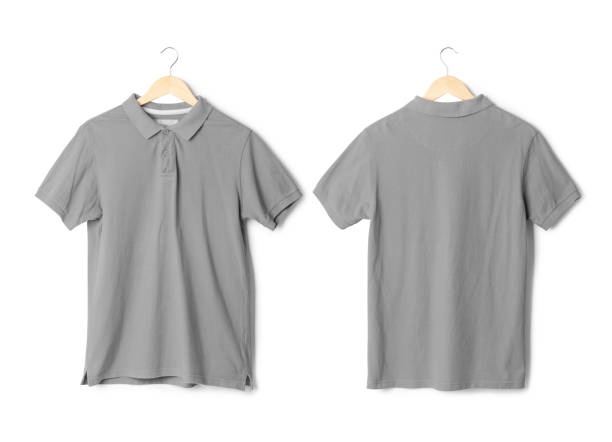 istock Realistic Grey polo shirt mockup hanging front and back view isolated on white background with clipping path 1393932915