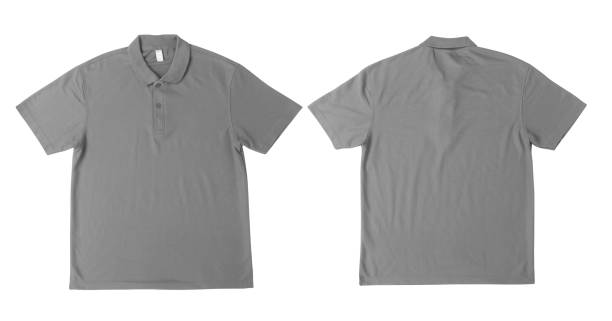 istock Blank grey polo t-shirt mockup front and back isolated on white background with clipping path 1393932929