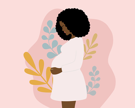 Side View Of Young Pregnant African Woman With Black Curly Hair Holding Her Belly. Pregnancy And Motherhood Concept With Pregnant Woman And Leaves On Pink Background