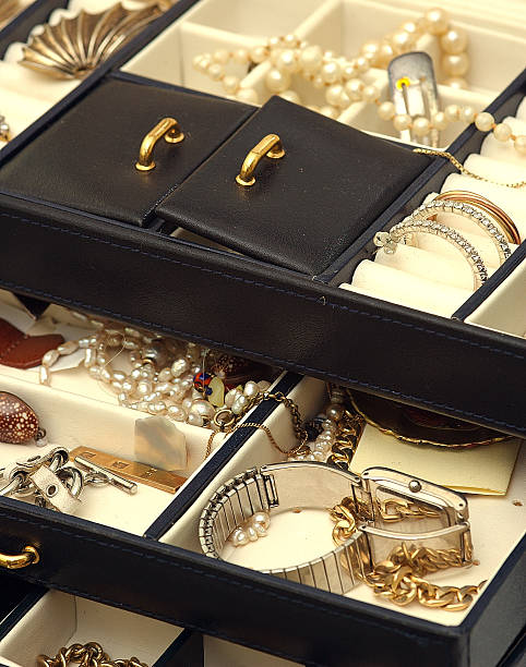 A close-up of a multitiered jewelry box stock photo