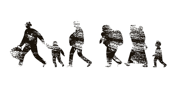 Silhouettes of fleeing people. Black and white textured vector illustration