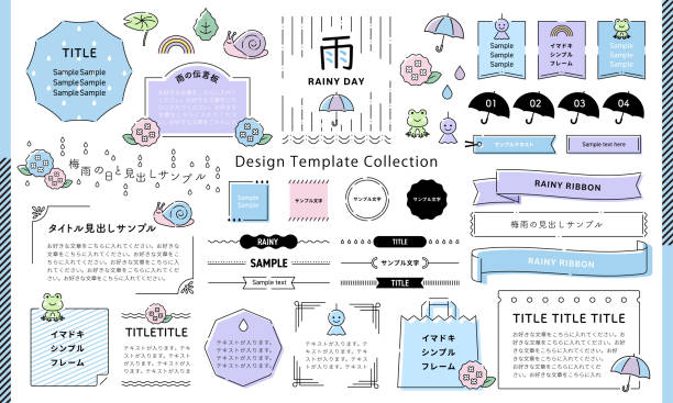 ilustracje i ramki pory deszczowej narysowane prostymi liniami. deszcz, hortensja, rośliny, natura itp. (tłumaczenie tekstu: "deszczowy", "przykładowy tekst", "ramka") - frog water isolated drop stock illustrations