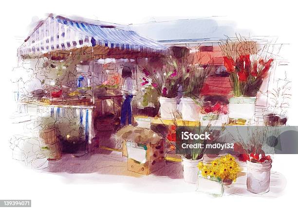 Marché Fleuri Vecteurs libres de droits et plus d'images vectorielles de Prise de vue en extérieur - Prise de vue en extérieur, Aquarelle, Étal de marché