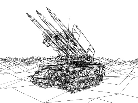 battle tank on sand wire frame ,3d rendering
