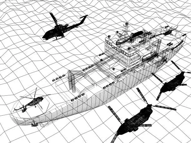 warship with helicopter 3d wire frame on the sea