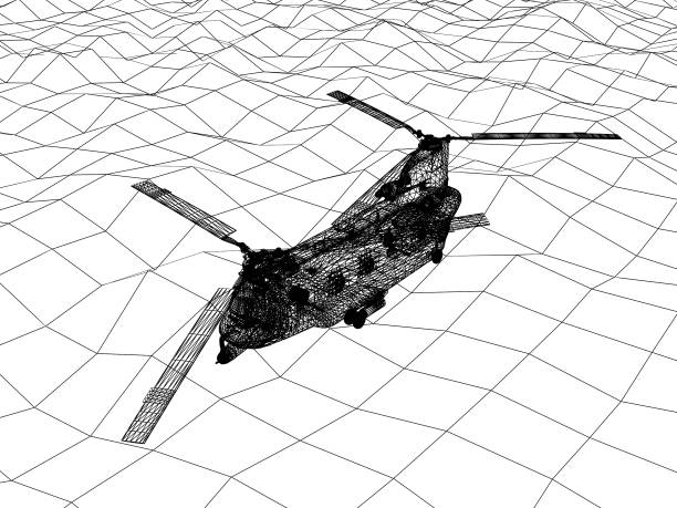 Passenger white and blue helicopter on concrete surface of airport heliport.