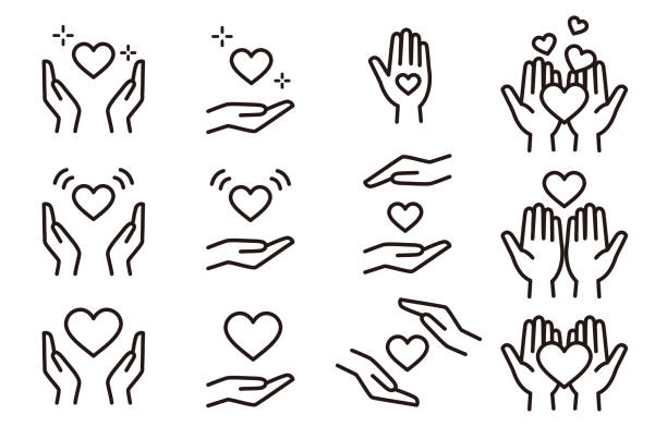 ilustraciones, imágenes clip art, dibujos animados e iconos de stock de conjunto de iconos de mano y corazón (monocromo) - manos