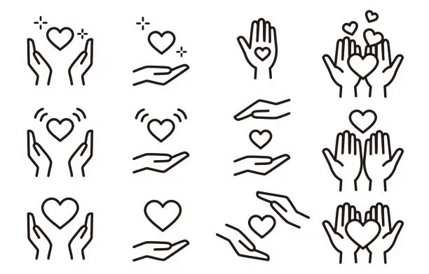 Vector illustration of Hand and heart icon set (monochrome)