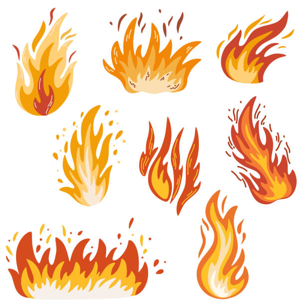 火事。燃えるような炎、明るい火の玉、熱森林火災と赤熱焚き火。異なる形状の炎。漫画のスタイルでベクトル火炎のアイコン。 - redhot点のイラスト素材／クリップアート素材／マンガ素材／アイコン素材