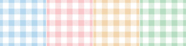 Gingham pattern set in pastel colorful blue, pink, yellow, green, white for Easter tablecloth, picnic blanket. Tartan vichy check plaid set for spring summer holiday fashion fabric or paper print. Gingham pattern set in pastel colorful blue, pink, yellow, green, white for Easter tablecloth, picnic blanket. Tartan vichy check plaid set for spring summer holiday fashion fabric or paper print. spring fashion stock illustrations
