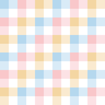 Gingham pattern for spring summer. Colorful pastel abstract vichy tartan check plaid in blue, pink, yellow, white for gift paper, tablecloth, picnic blanket, other Easter holiday fashion paper print.