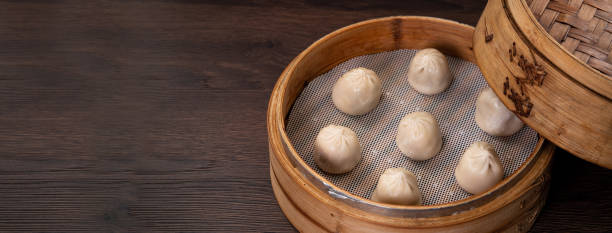 Steamed pork soup dumplings named Xiao long bao in Taiwan.