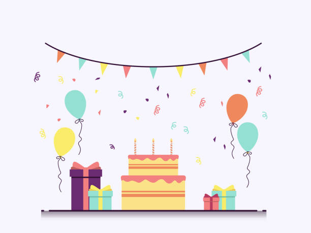 ilustraciones, imágenes clip art, dibujos animados e iconos de stock de pastel de cumpleaños con caja de regalo y globos sobre fondo blanco diseño plano ilustración vectorial - birthday favors