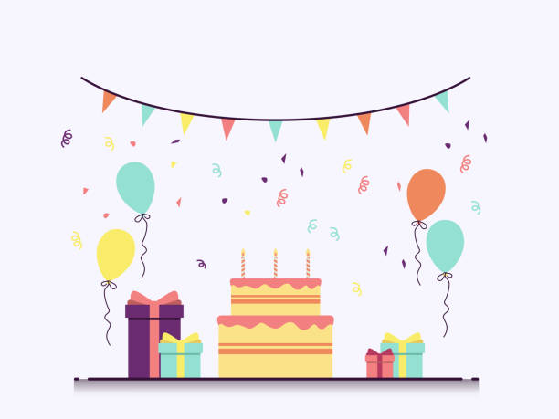 illustrations, cliparts, dessins animés et icônes de gâteau d’anniversaire avec boîte cadeau et ballons sur fond blanc illustration vectorielle flat design - cotillons