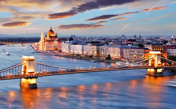 Budapest with chain bridge and parliament stock photo