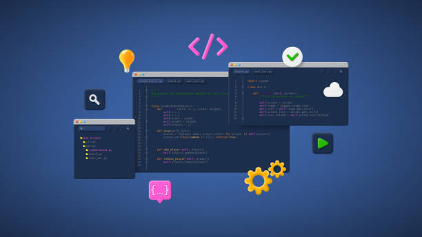 Concept of computer programming or developing software or game Concept of computer programming or developing software or game. Vector 3d illustration with coding symbols and programming windows. Concept of Information technologies and computer engineering. coding stock illustrations
