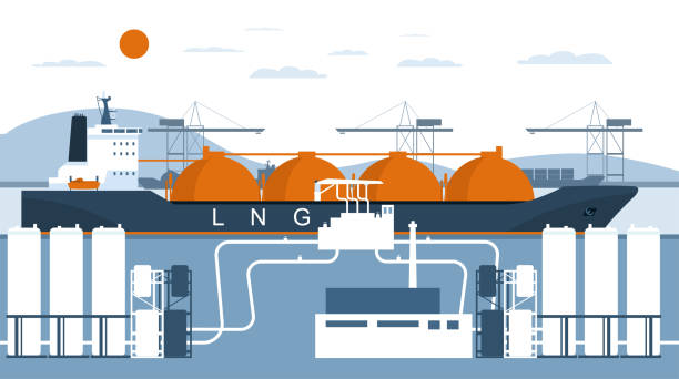 A gas carrier ship is unloading in a terminal for receiving liquefied gas. Vector illustration. A gas carrier ship is unloading in a terminal for receiving liquefied gas. Vector illustration. liquefied natural gas stock illustrations