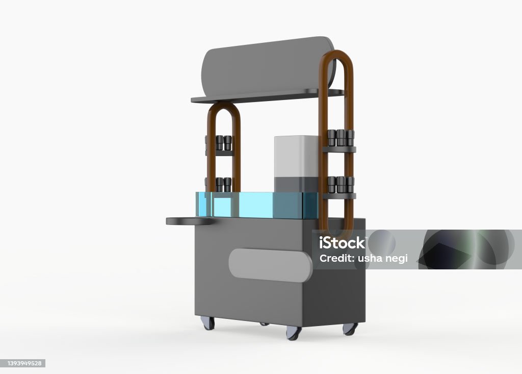 food Trolley Cart Street Food Bike. food Trolley Cart on a white background. 3d illustration Bicycle Stock Photo