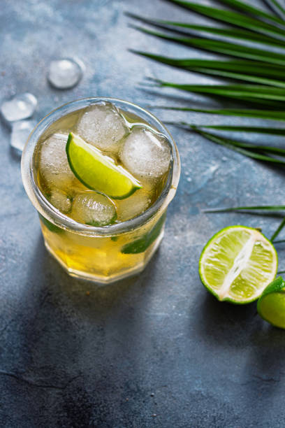 eistee mit eiswürfeln, limette, minzblättern im glas mit palmblättern auf grauem steinhintergrund - mint tea lemon tea leaves glass stock-fotos und bilder