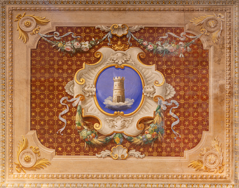 Rome - The symbolic neo-baroque fresco (tower in the Heaven) in the church Oratorio di San Francesco Saverio by unknown artist of 19. cent.