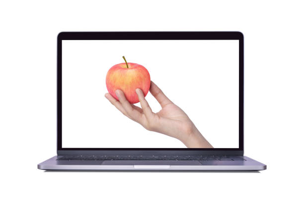 Hand hold pink fuji apple on laptop computer screen isolated on white background. Hand hold pink fuji apple on laptop computer screen isolated on white background. (My image) apple keyboard stock pictures, royalty-free photos & images