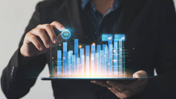 istock Business analyzing big data screen and economic growth with financial diagram graph interfaces. Concept of virtual dashboard technology digital marketing and global network connection. 1393953261