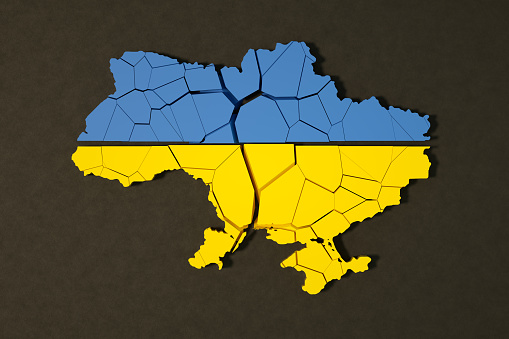 Broken map Ukrainian flag, 3d render