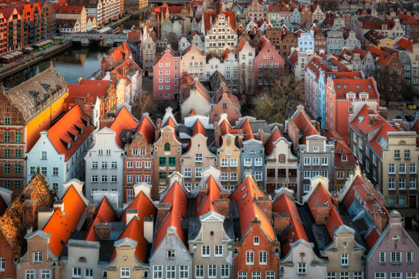 Aerial view of the beautiful Gdansk city at sunset, Poland stock photo