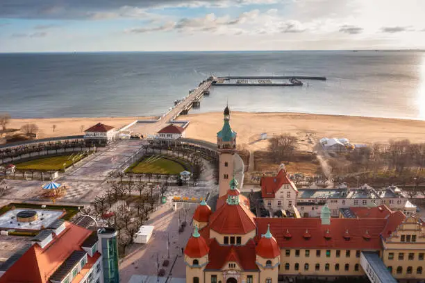 Aerial landscape of Sopot at Baltic sea with the wooden pier - Molo, Poland