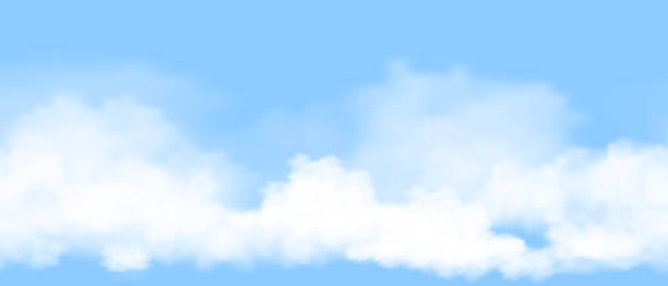 blauer himmel mit wolken horizontal nahtloses muster. banner endlose bewölkte textur für frühlingshintergrund, horizont himmelslandschaft der wettersaison, vektor 3d illustration schöne natur für sommerkulisse - tapetenentferner stock-grafiken, -clipart, -cartoons und -symbole