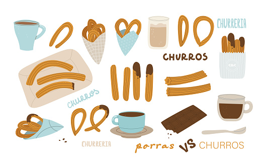 Churros, porras, chocolate and coffee. Big set of vector isolated illustrations for design. Spanish, Madrid or Mexican traditional pastries for breakfast.