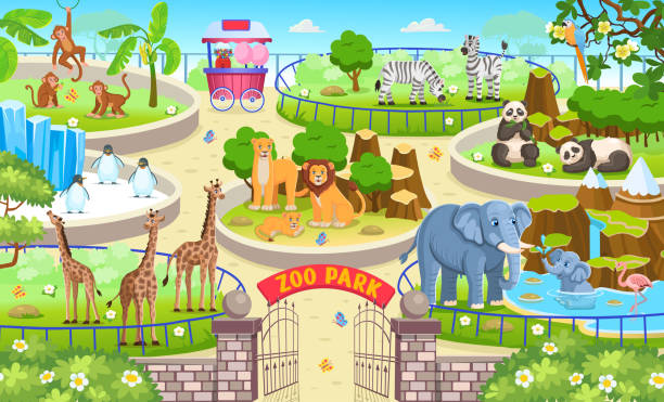 zwierzęta z zoo 3 - cartoon monkey animal tree stock illustrations