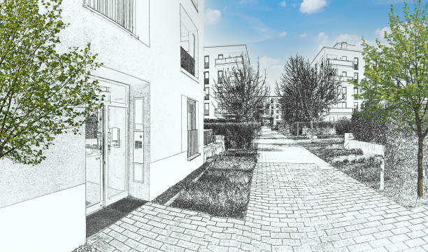 zeichnungsskizze eines wohngebietes mit modernen mehrfamilienhäusern, neuer grüner stadtlandschaft in der stadt - housing project housing development apartment urban scene stock-fotos und bilder